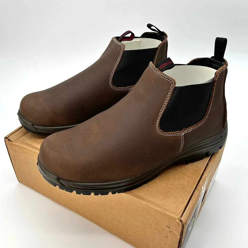 Comp Toe Work Boots Avenger Foreman Romeo Men Sz 9.5 W Brown Leather Pull-on NEW